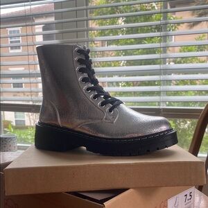 Silver Crackle Combat Boots with Black Laces and Rugged Sole NWT